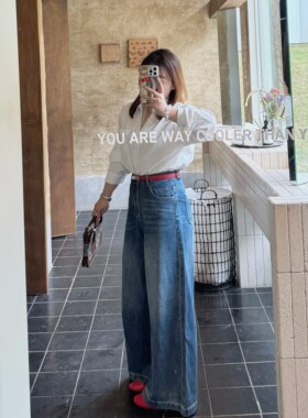 知更鸟昂酱 小个子显高复古高腰阔腿牛仔裤女直筒显瘦浅蓝色长裤