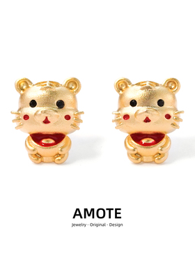 AMOTE 可爱老虎耳钉女S925纯银镀金甜美耳饰精致小巧生肖耳环