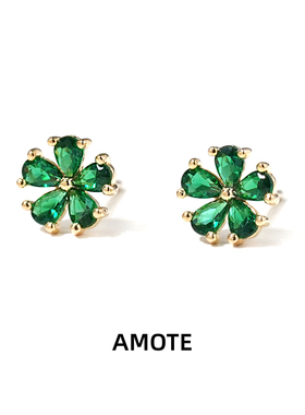 AMOTE 祖母绿色花朵耳钉女S925银耳环春夏款花瓣耳饰小众设计感