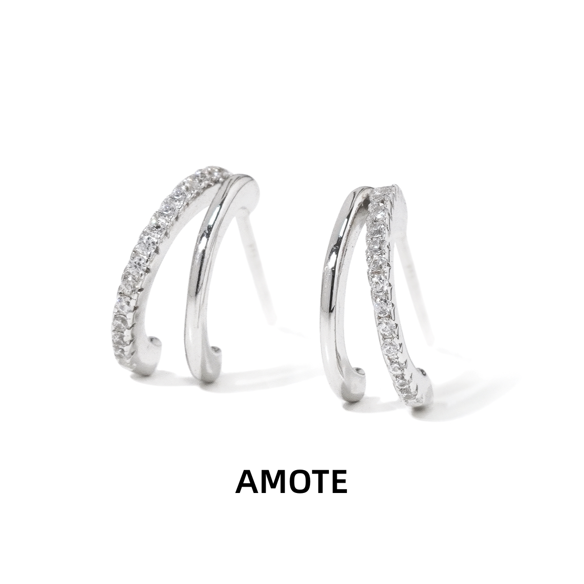 AMOTE 法式双层镶钻925银耳钉女简约闺蜜精致耳环小众月牙高级感