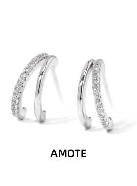 AMOTE 法式双层镶钻925银耳钉女简约闺蜜精致耳环小众月牙高级感