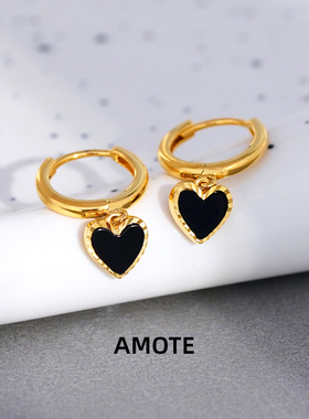 AMOTE 复古黑金色爱心S925银耳圈小众设计高级感耳扣黑玛瑙耳环