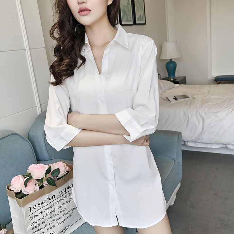性感衬衫睡衣中长款白色衬衫女宽松衬衫裙七分袖bf风情趣诱惑睡裙