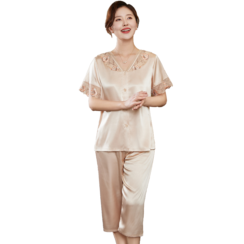 2025新款睡衣女款夏季冰丝薄款短袖新中式国风丝绸妈妈家居服套装