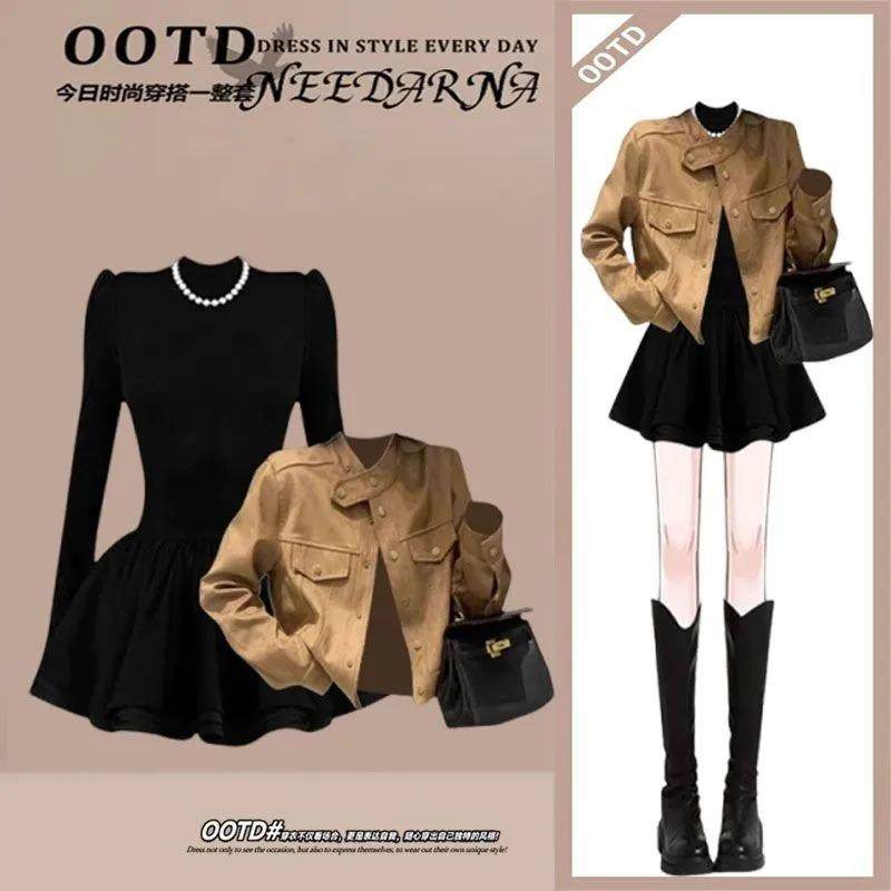 韩系秋冬穿搭一整套女2024新款气质开衫外套显瘦连衣裙子两件