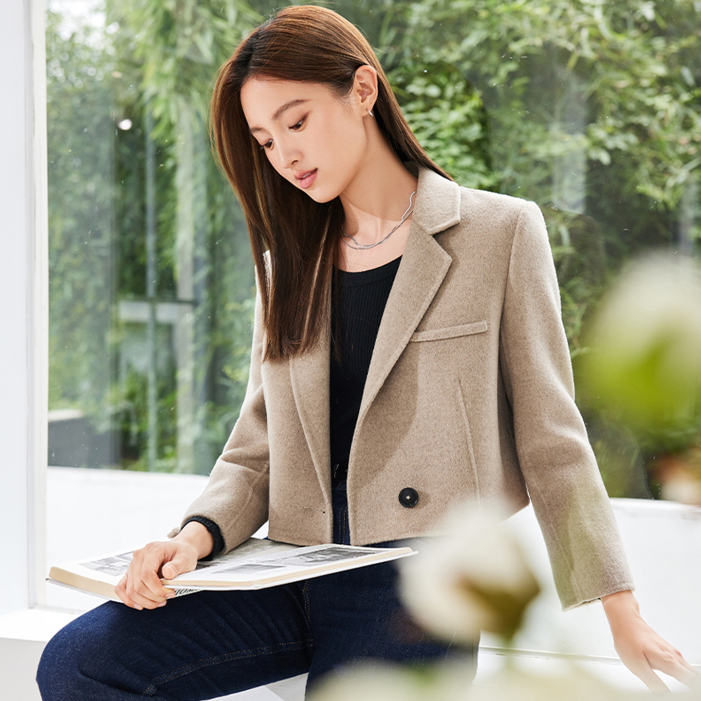 小款毛呢西装外套女修身秋冬翻领加厚100纯羊毛双面呢外套超短款