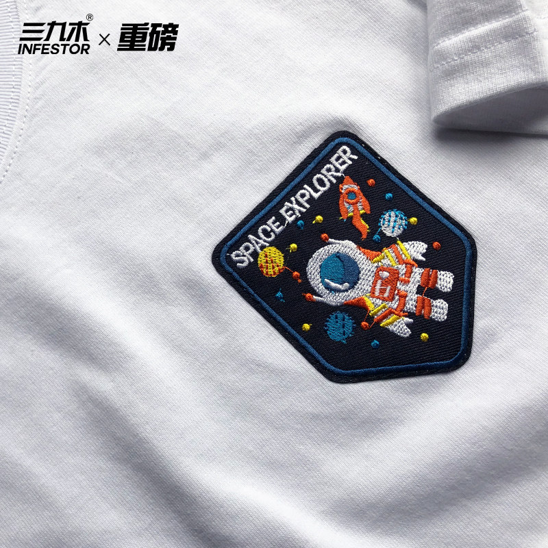 三九木 原创刺绣简约恐龙仙人掌时尚青春hiphop嘻哈潮流大码短袖