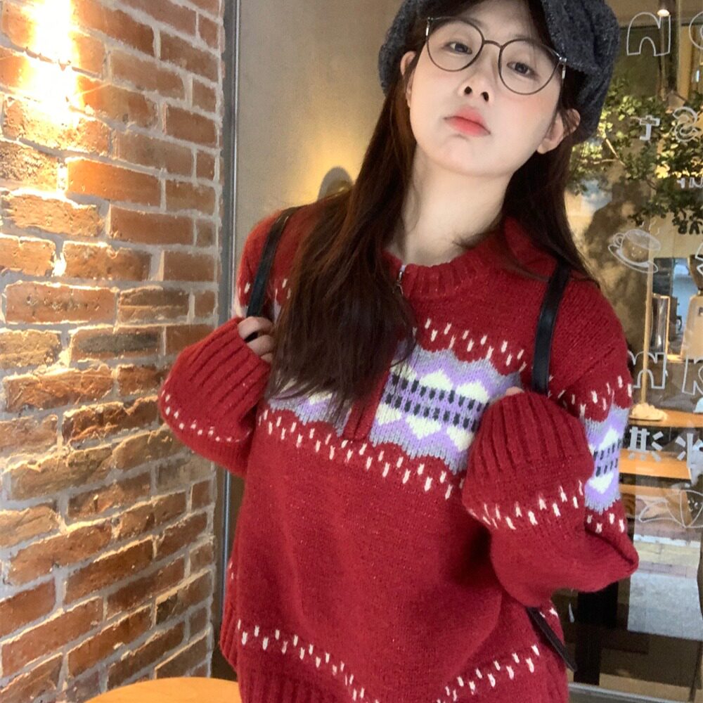 秋冬现货加厚新年圣诞费尔岛红色毛衣设计感半拉链宽松针织衫女