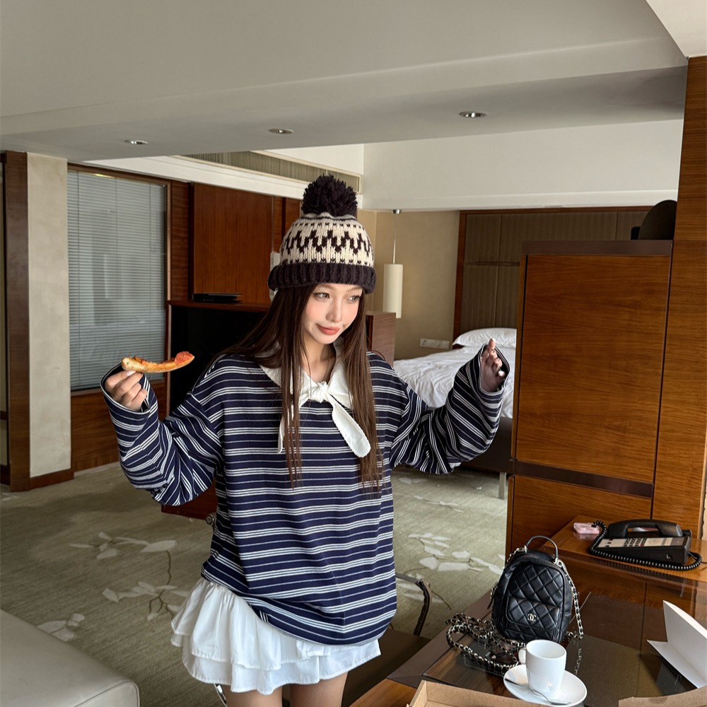 绑带miu系条纹长袖T恤女慵懒