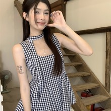 夏季辣妹气质格子方领背心娃娃衫女百搭无袖收腰飘带挂脖小上衣