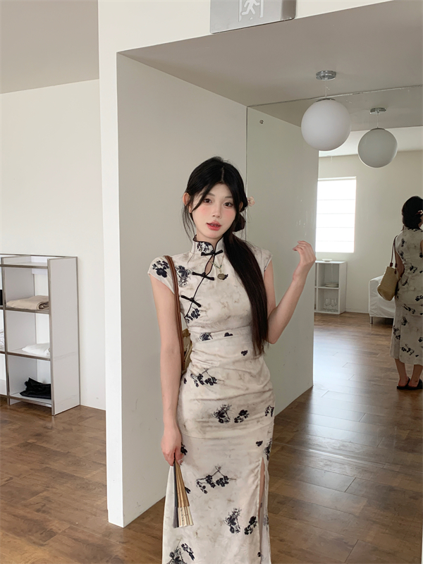 现货夏季辣妹新中式盘扣立领古风旗袍长款连衣裙女显身材修身裙子