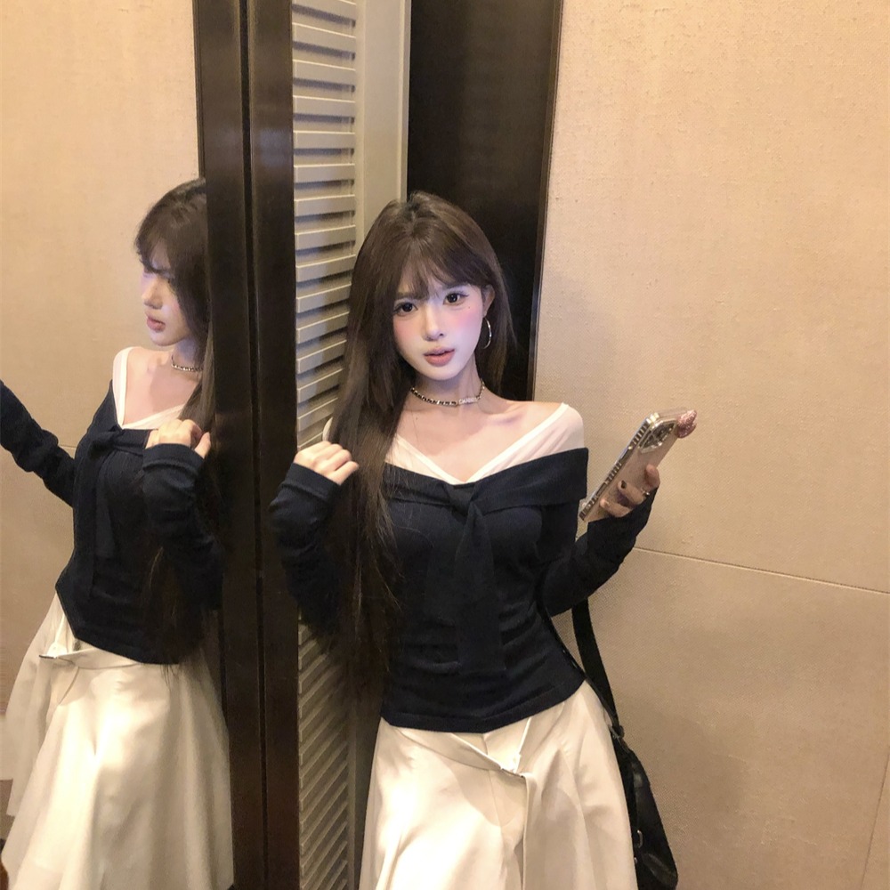 秋季一字领网纱拼接扭结针织衫女