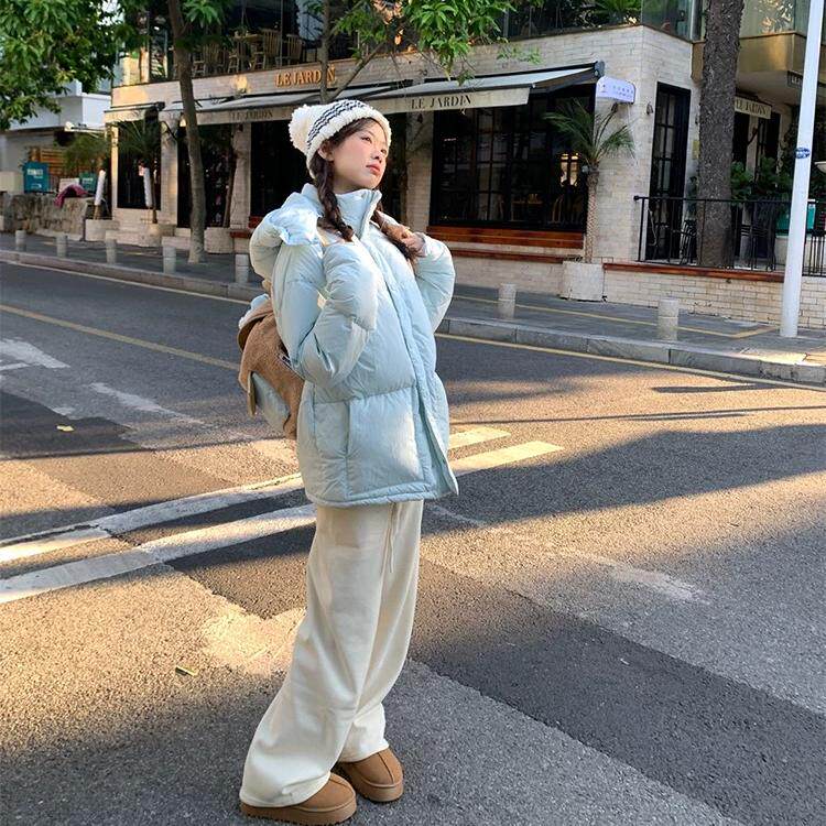现货~冬季蓝色连帽加厚面包棉服女韩版百搭可爱小个子保暖外套