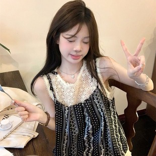 韩系甜美温柔风蝴蝶结绑带假两件拼接无袖 提莫少女辣妹夏季 上衣女