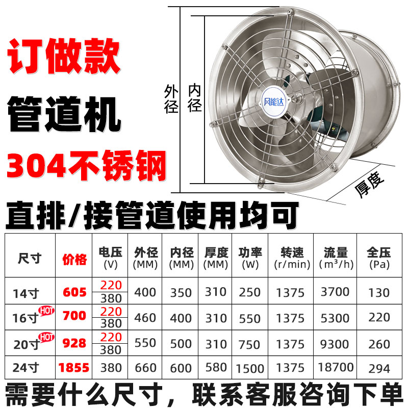 不锈钢排气扇管道强力排风扇高F速大风量换气扇厨房轴流抽风机家