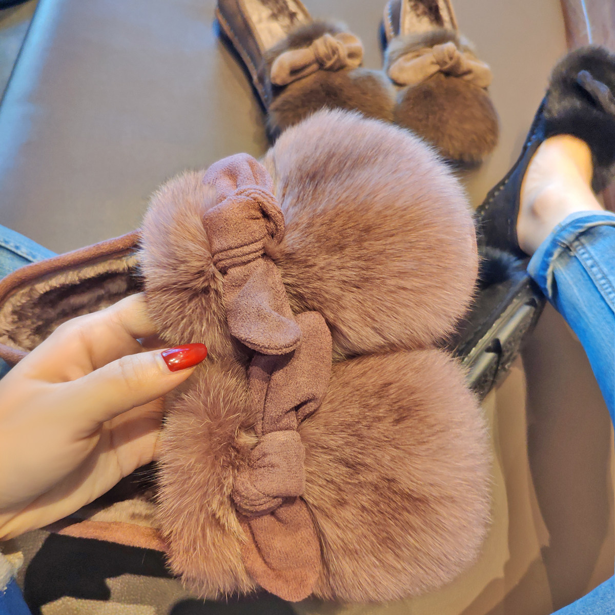 蝴蝶结毛毛鞋女冬外穿狐狸毛豆豆鞋加绒单鞋可爱平底一脚蹬棉瓢鞋,女鞋,浅口单鞋,淘宝优惠券,粉丝福利购,淘宝优惠卷