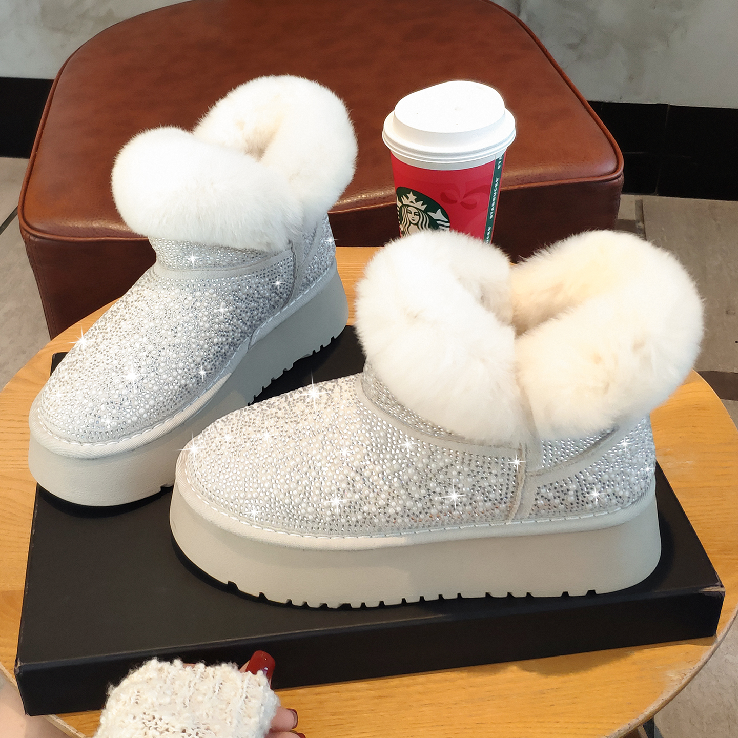 水钻满天星加绒厚底雪地短靴女冬