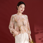 水墨佳人2026高端真丝印花衬衫 女长袖 气质显瘦中国风圆领上衣