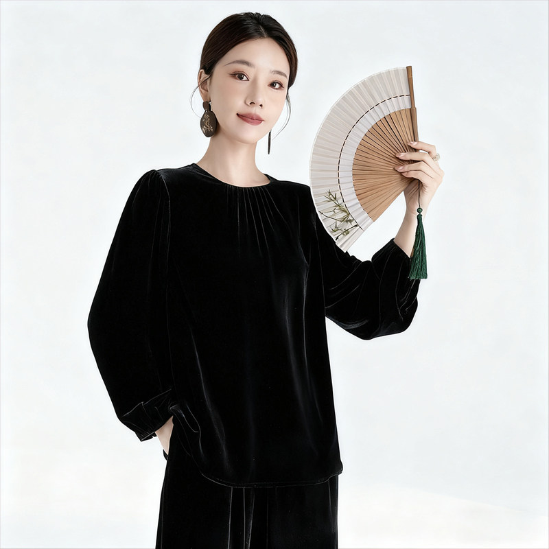 水墨佳人2025秋季真丝丝绒上衣女复古中国风圆领高端轻奢百搭T恤,女装/女士精品,真丝上装,淘宝优惠券,粉丝福利购,淘宝优惠卷