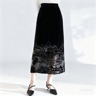 水墨佳人2025年秋冬季新款真丝绒中式半身裙女秋冬气质显瘦长裙子