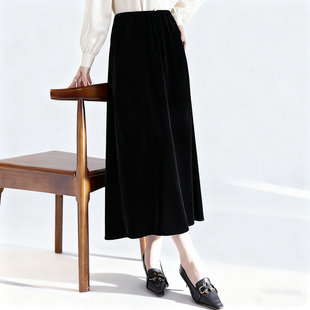 水墨佳人100真丝丝绒黑色高腰半身裙2026年春女显瘦垂坠感一步裙