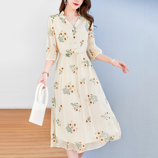 水墨佳人中年妈妈夏装短袖连衣裙气质新款40岁女士高档真丝桑蚕丝