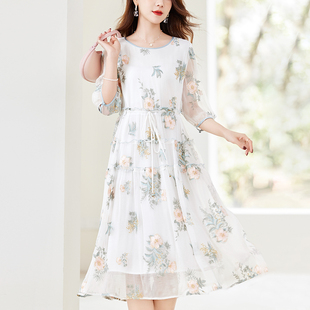 水墨佳人重工刺绣真丝桑蚕丝连衣裙女撞色系带简约大气法式碎花群