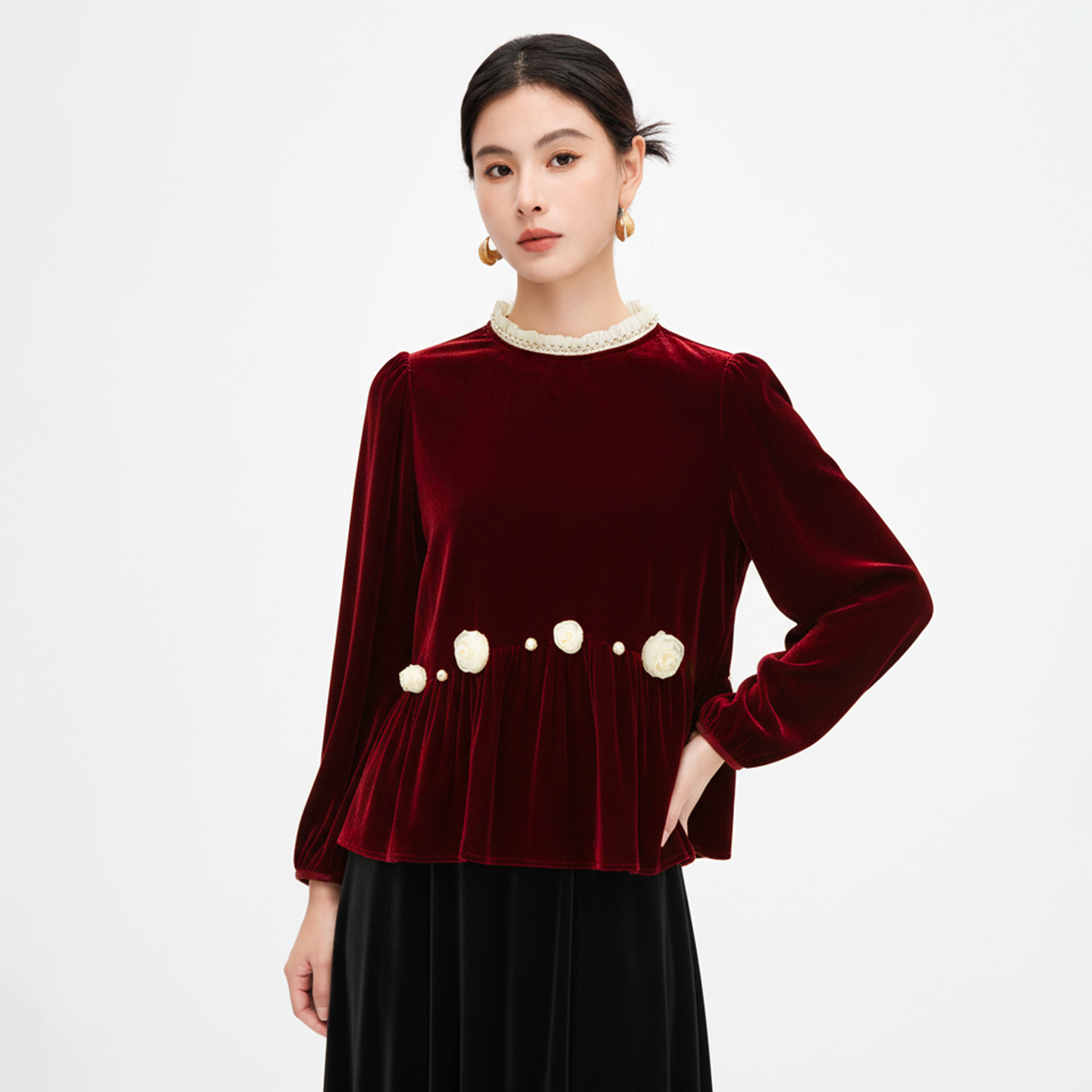 水墨佳人真丝丝绒上衣女士红色