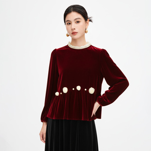 水墨佳人真丝丝绒上衣女士红色玫瑰花洋气时髦木耳边领口新款小衫