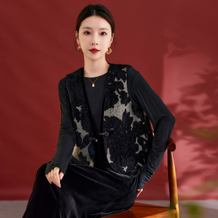 水墨佳人丝绒简约大气新中式马甲高端提花桑蚕丝秋冬国风无袖背心