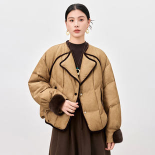 高端新中式国风白鹅绒水貂毛皮草羽绒服女圆领提花小个子短款外套