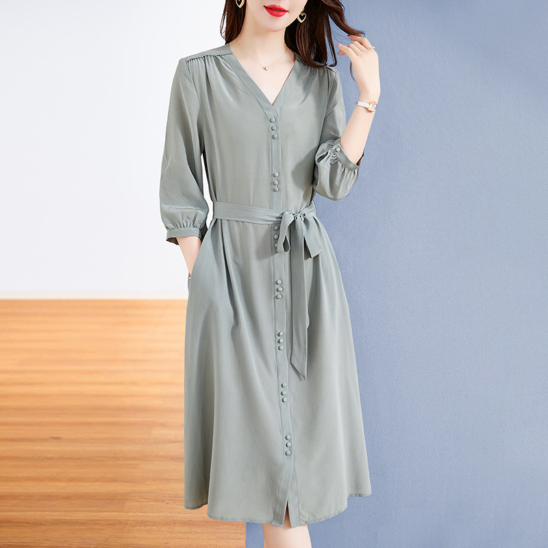 水墨佳人真丝连衣裙女2025新款秋冬季高端纯色宽松装桑蚕丝裙子