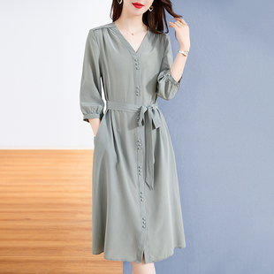 水墨佳人真丝连衣裙女2025新款秋冬季高端纯色宽松装桑蚕丝裙子