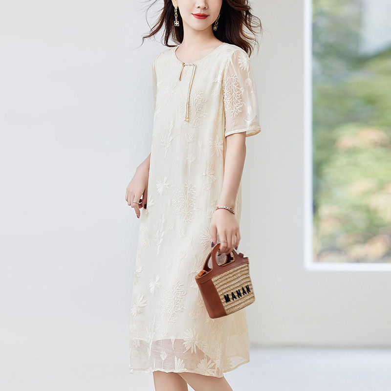 水墨佳人2026新款圆领真丝100%桑蚕丝连衣裙女中长款国风短袖裙子