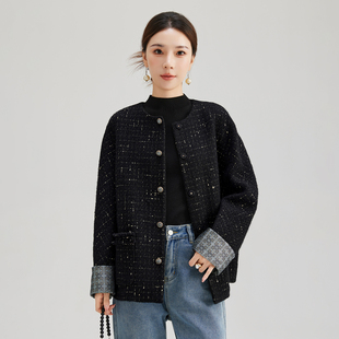 水墨佳人2026新款女装羊毛混纺上衣黑色粗花呢小香风短款修身外套
