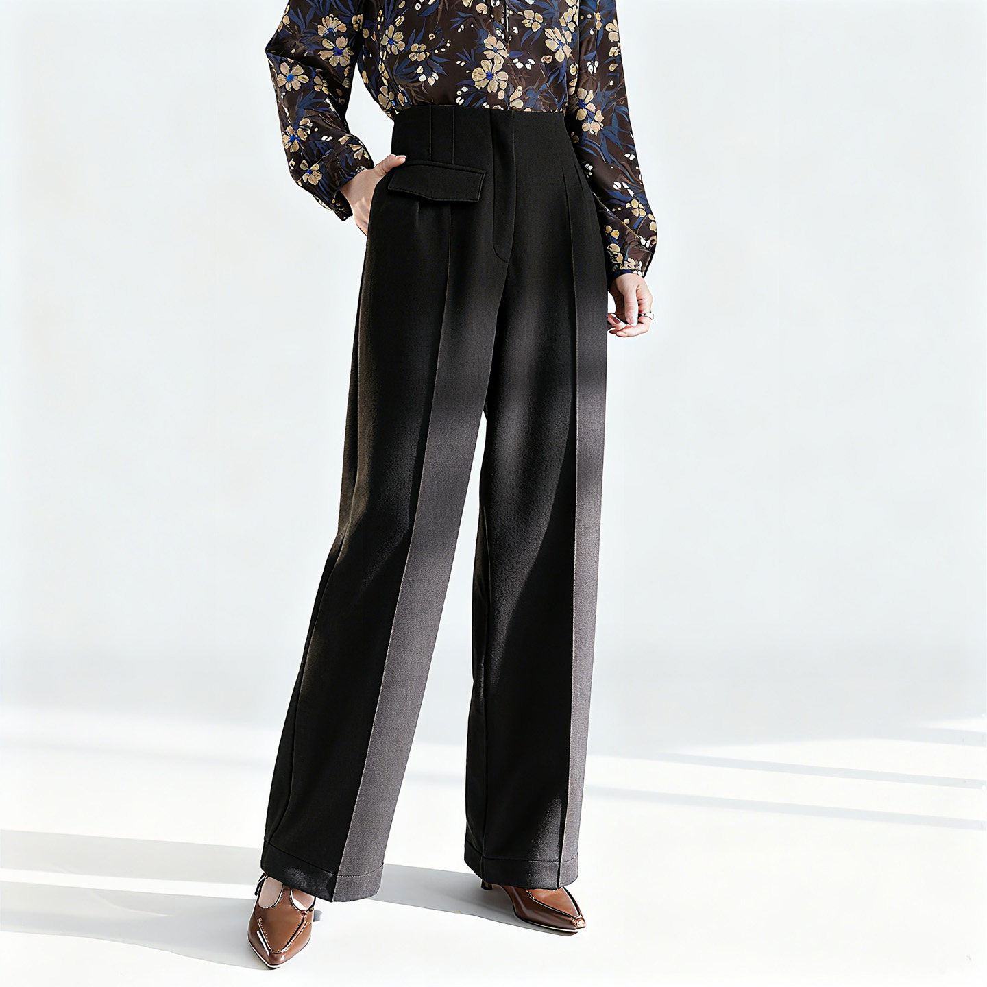 水墨佳人灰色西装阔腿裤女2025秋冬高腰垂感慵懒直筒羊毛休闲裤春