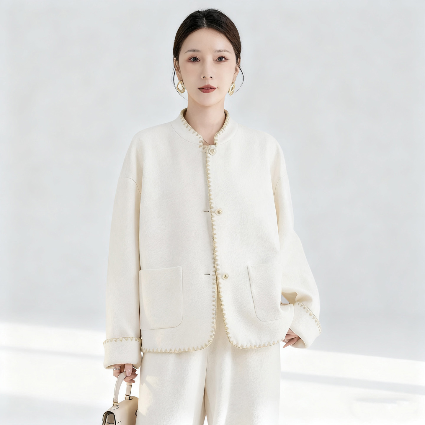 水墨佳人白色羊毛醋酸丝绒短外套