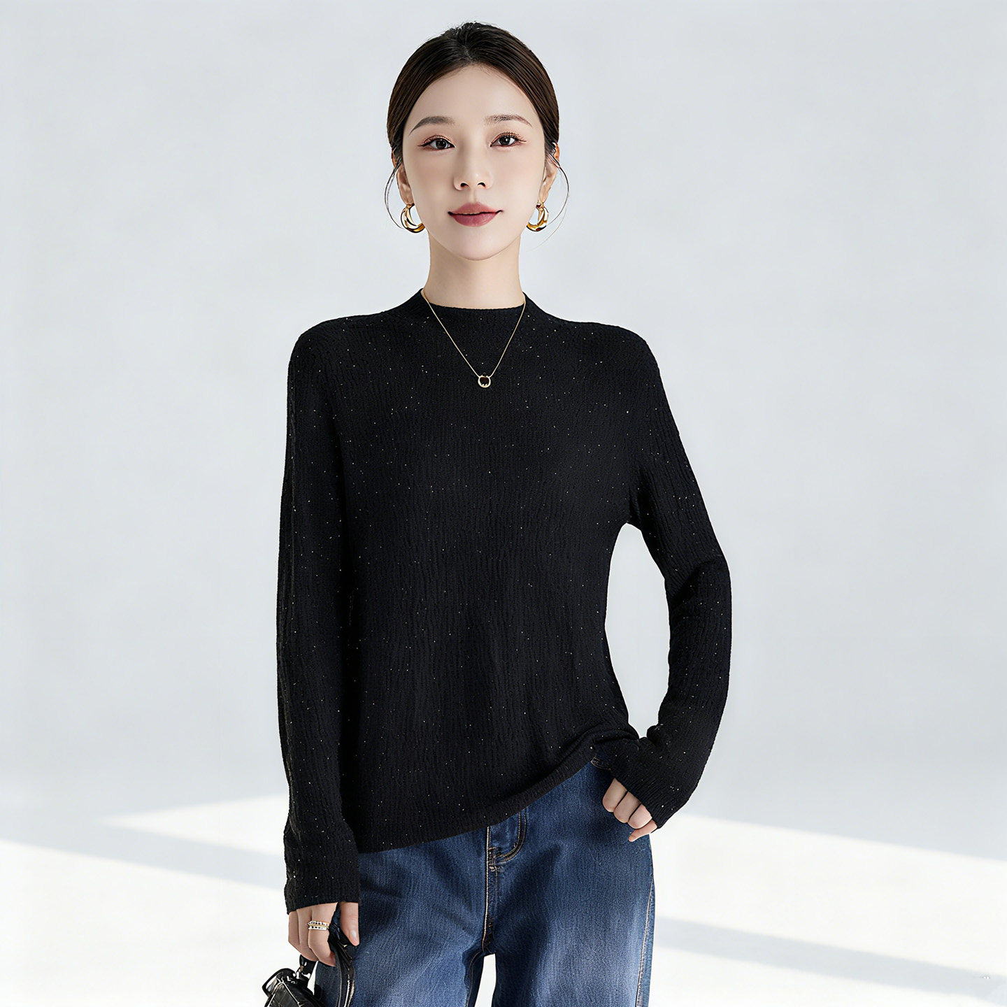 水墨佳人2025年冬新款长袖黑色气质女装上衣百搭羊绒衫针织打底衫