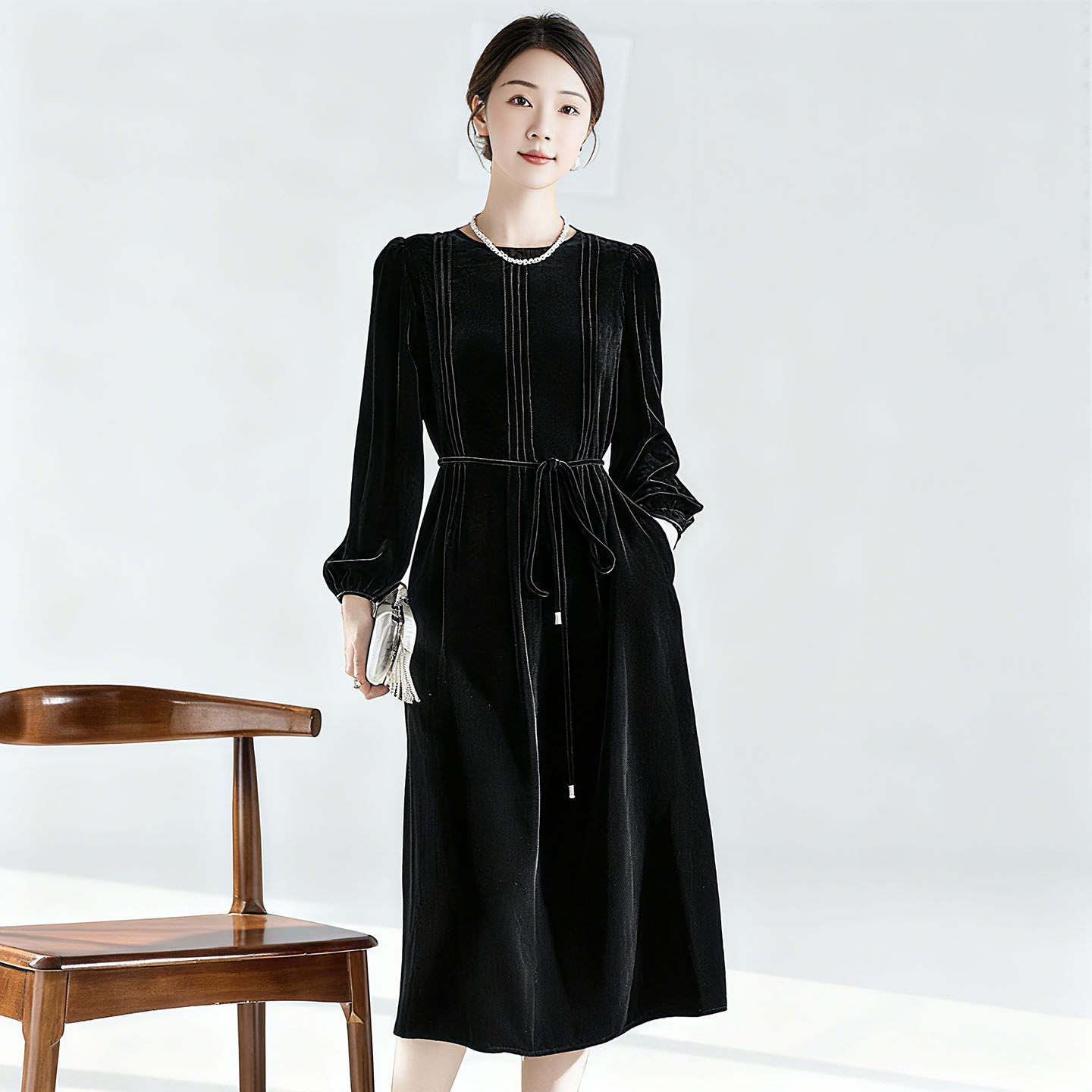 水墨佳人2025新款秋冬妈妈丝绒真丝连衣裙宽松中年女洋气长袖裙子