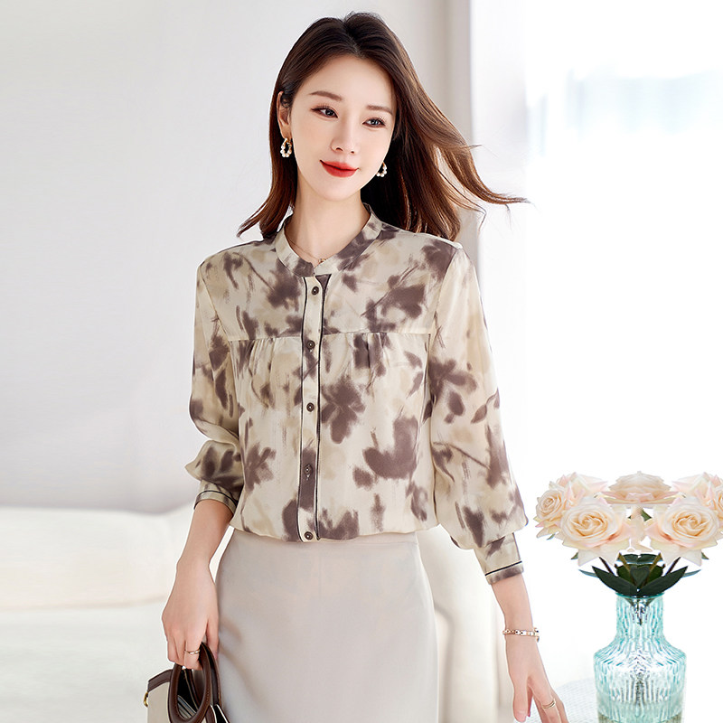 水墨佳人宽松真丝上衣女夏季轻奢桑蚕丝小衫春夏花色高端长袖衬衫