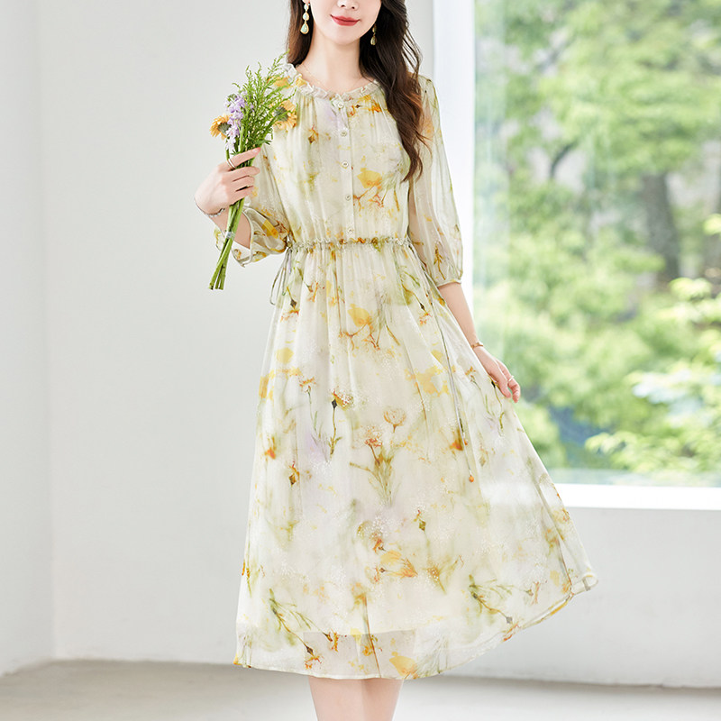 水墨佳人夏季新款真丝连衣裙桑蚕丝数码印花时尚木耳边收腰裙子女,女装/女士精品,连衣裙,淘宝优惠券,粉丝福利购,淘宝优惠卷