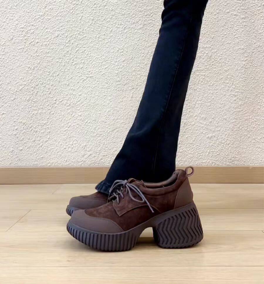 thumbnail for 品牌真皮增高8cm厚底休闲鞋女2026春新款粗跟高跟乐福鞋系带单鞋