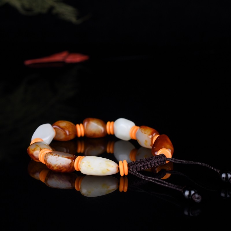 新疆和田玉籽料随形原石手链枣红黄皮俏色手串白玉无修型男女手饰