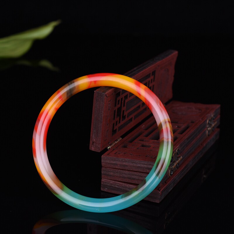 新疆和田玉金丝玉鸡血飘花戈壁玉石细圆条手镯子女七彩飘花玉手镯