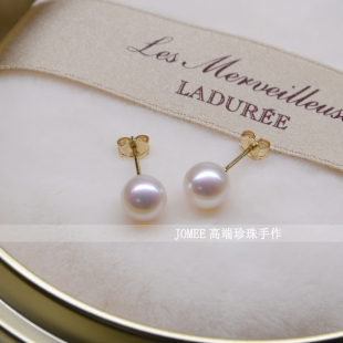 JOMEE 复古4 7mm正圆强光天然淡水珍珠耳钉14K包金耳饰 经典