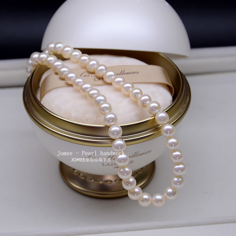 7-8mm近正圆天然珍珠14K黄金项链