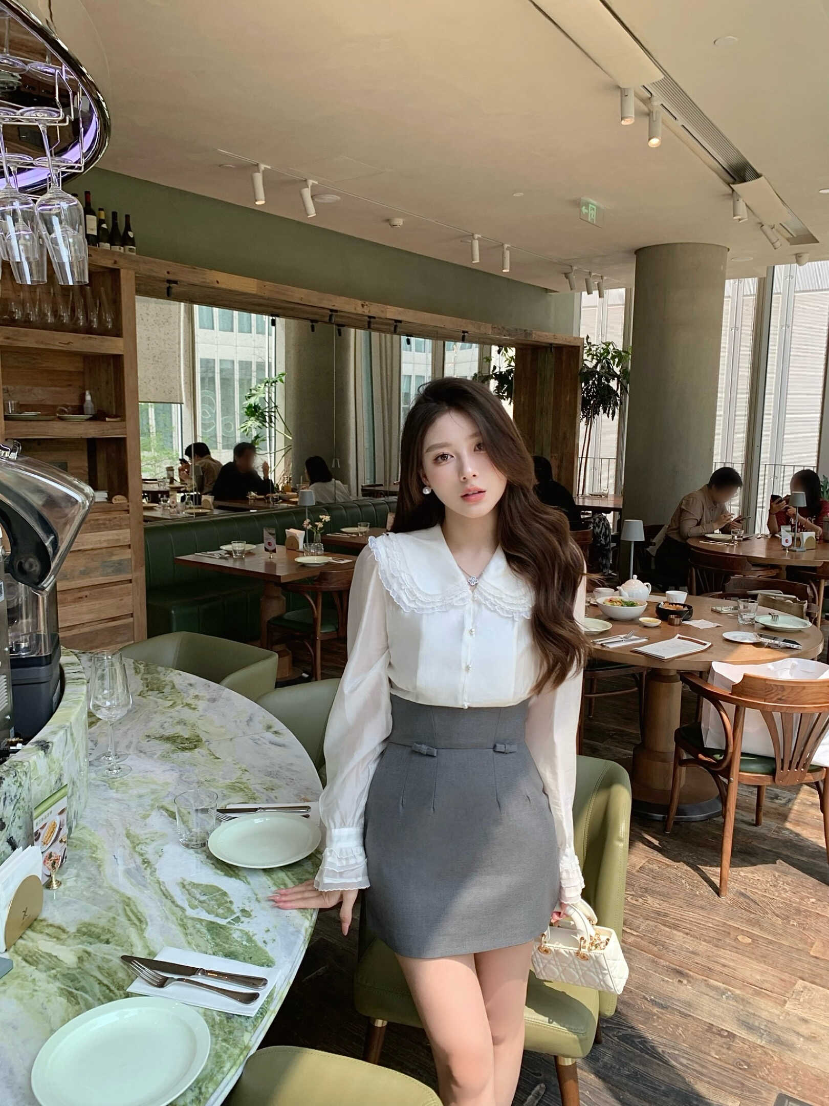 蝴蝶结天丝包臀半身裙衬衫套装