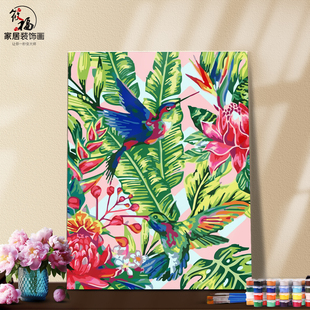 DIY数字油画自己填色树林红腹灰雀鸟苹果树黄莺鸟屋鸟语花香装饰