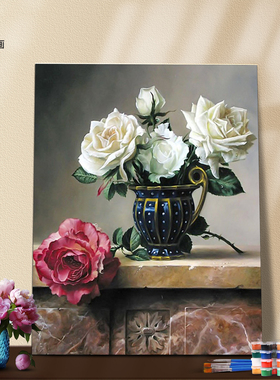 DIY数字油画自己上填色粉紫色月季玫瑰花卉简约材料包家居装饰画