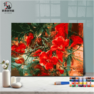DIY数字油画自己填色虞美人大红花束植物花卉现代丙稀家居装饰画A